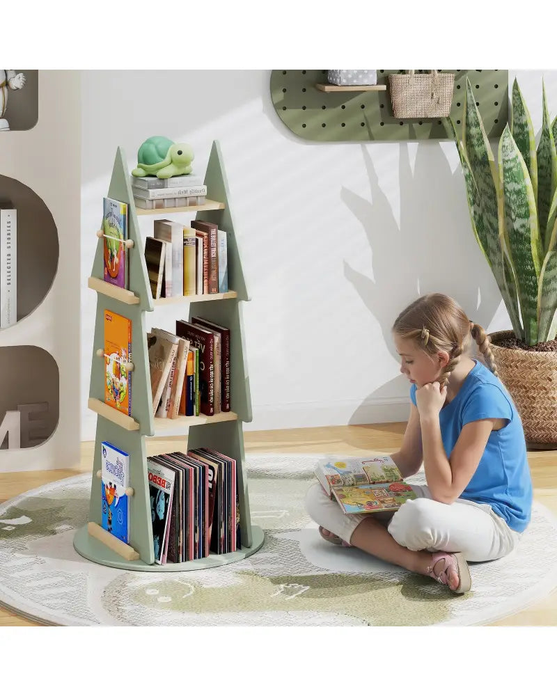 4 Tier Tree Shape Kids Rotating Bookshelf 360° Display Rack Storage Organizer-Green - Green - Kids Storage