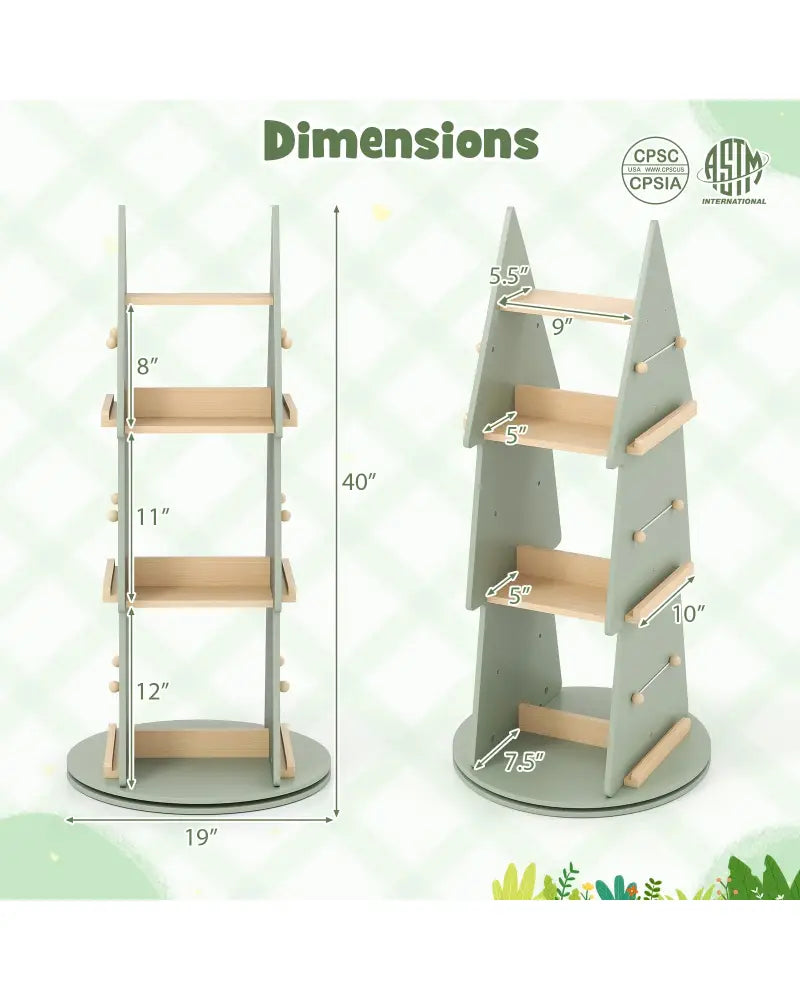 4 Tier Tree Shape Kids Rotating Bookshelf 360° Display Rack Storage Organizer-Green - Green - Kids Storage