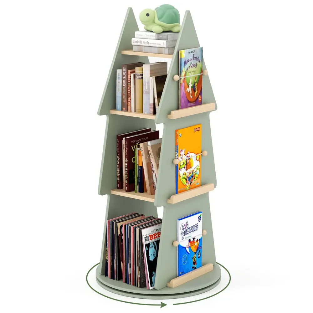 4 Tier Tree Shape Kids Rotating Bookshelf 360° Display Rack Storage Organizer-Green - Green - Kids Storage
