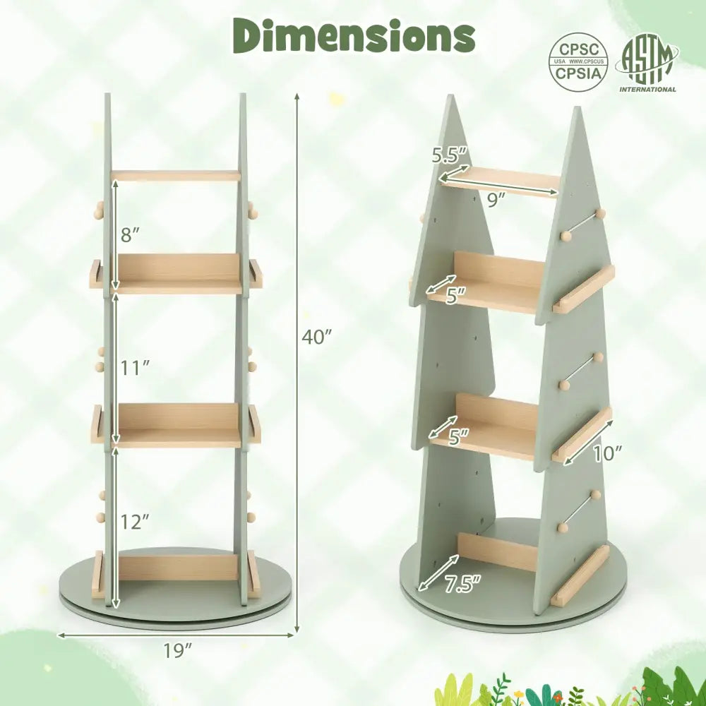 4 Tier Tree Shape Kids Rotating Bookshelf 360° Display Rack Storage Organizer-Green - Green - Kids Storage