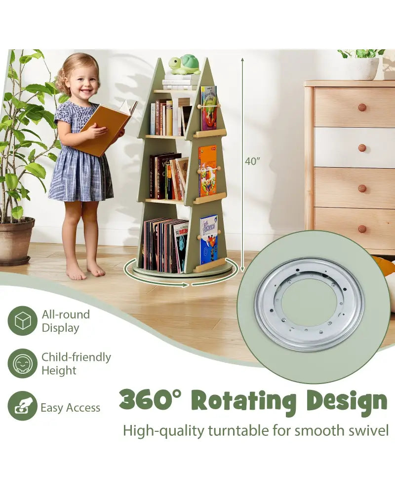 4 Tier Tree Shape Kids Rotating Bookshelf 360° Display Rack Storage Organizer-Green - Green - Kids Storage