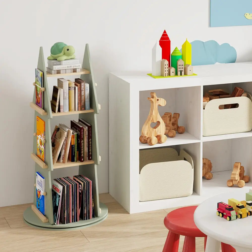 4 Tier Tree Shape Kids Rotating Bookshelf 360° Display Rack Storage Organizer-Green - Green - Kids Storage