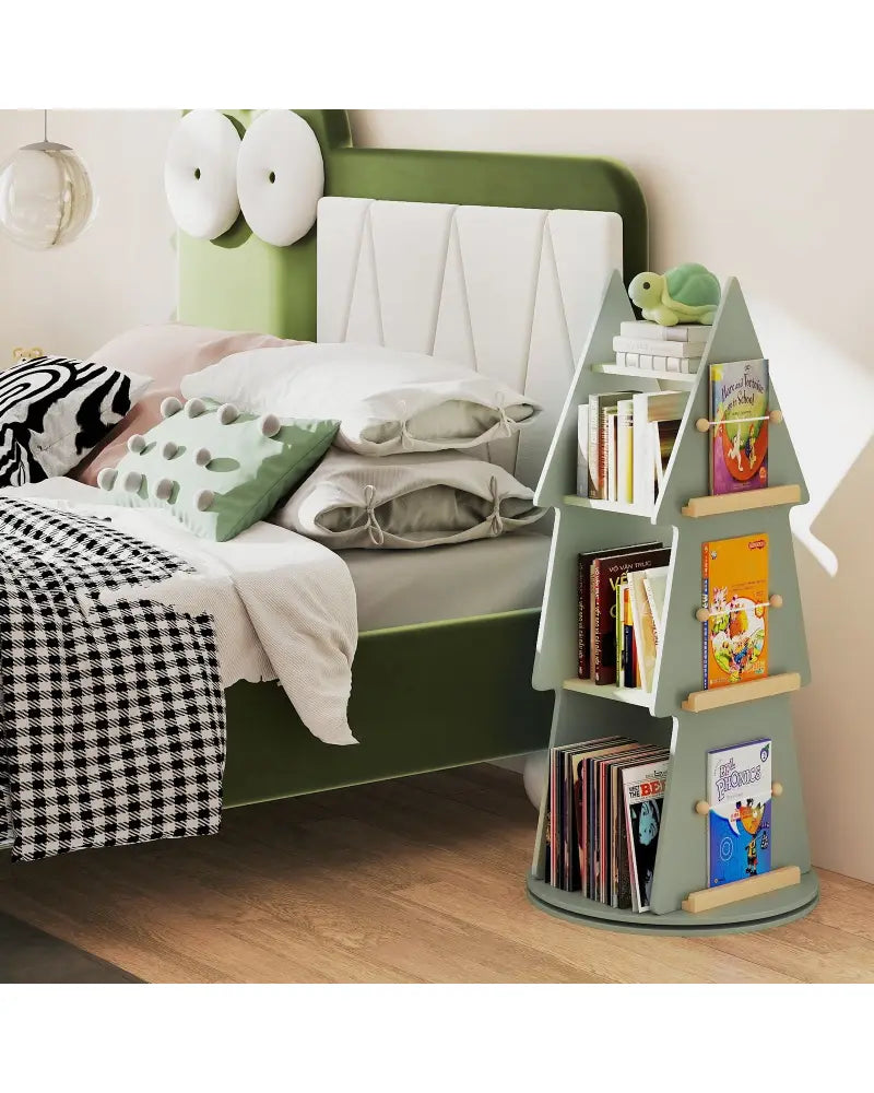 4 Tier Tree Shape Kids Rotating Bookshelf 360° Display Rack Storage Organizer-Green - Green - Kids Storage
