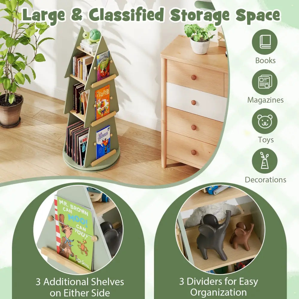 4 Tier Tree Shape Kids Rotating Bookshelf 360° Display Rack Storage Organizer-Green - Green - Kids Storage