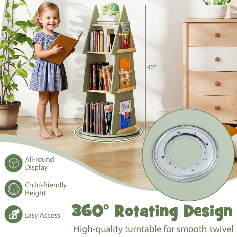 4 Tier Tree Shape Kids Rotating Bookshelf 360° Display Rack Storage Organizer-Green - Green - Kids Storage