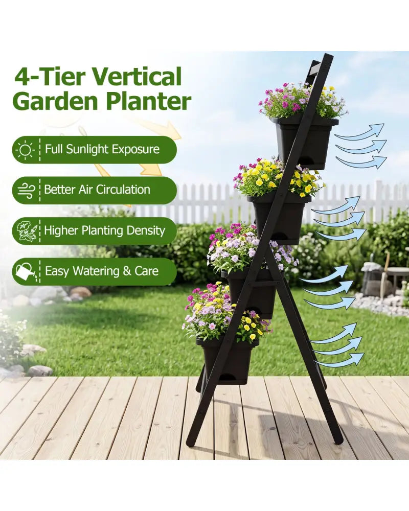 4-Tier Vertical Raised Garden Bed with 4 Containers and Drainage Holes-Black - Black - Raised Garden Beds