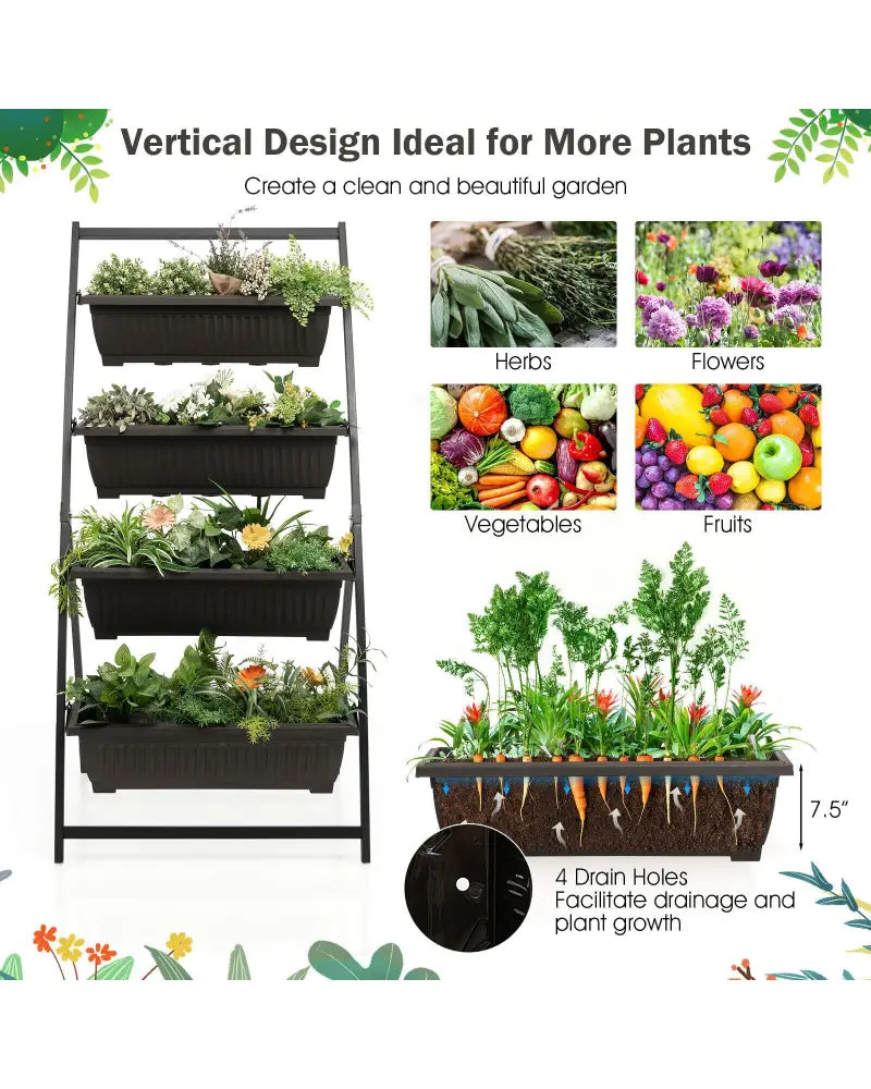 4-Tier Vertical Raised Garden Bed with 4 Containers and Drainage Holes-M - Black - Raised Garden Beds