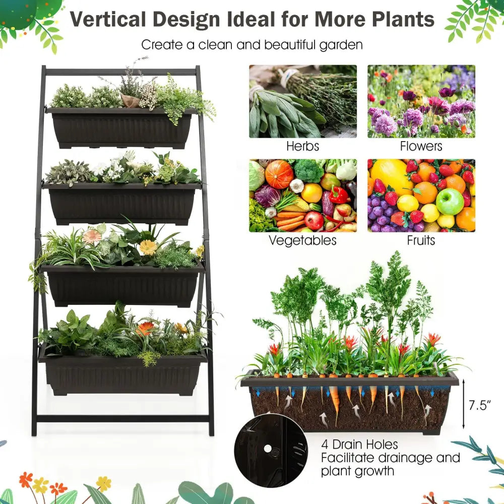 4-Tier Vertical Raised Garden Bed with 4 Containers and Drainage Holes-M - Black - Raised Garden Beds