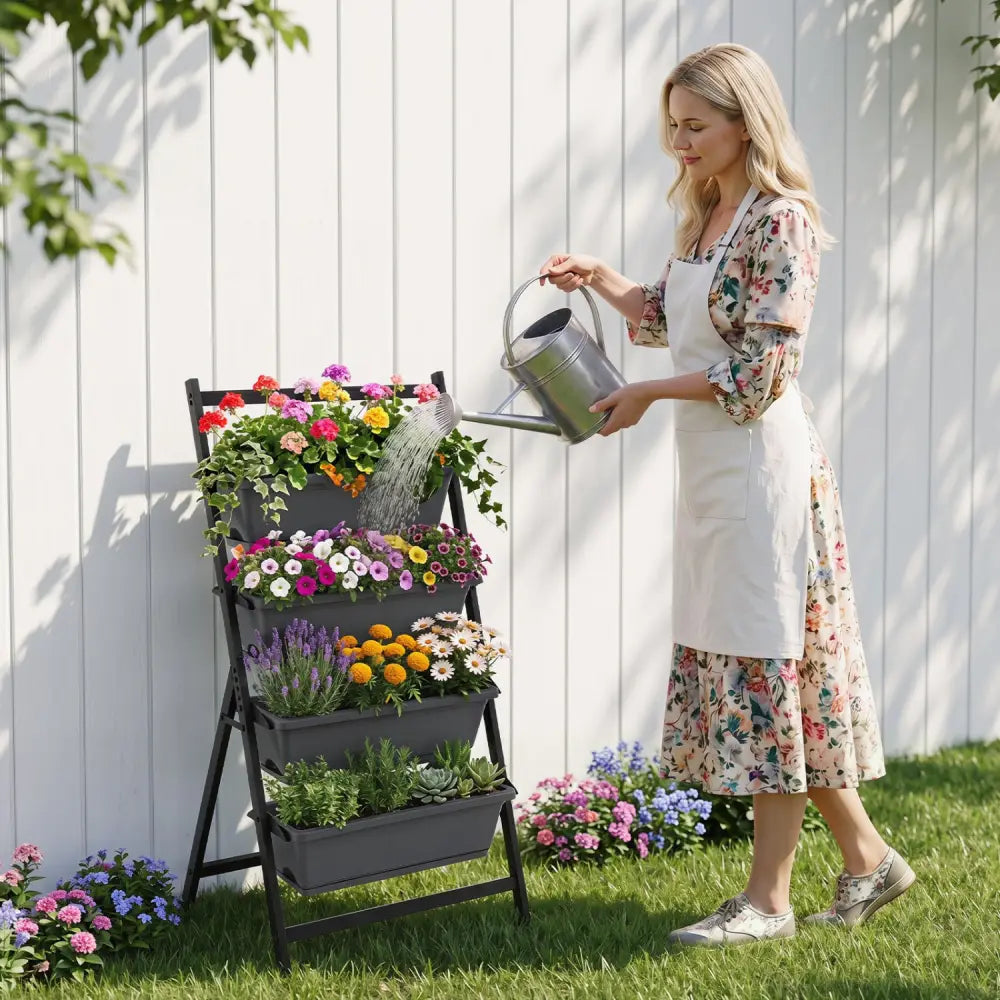 4-Tier Vertical Raised Garden Bed with 4 Containers and Drainage Holes-Black - Black - Raised Garden Beds