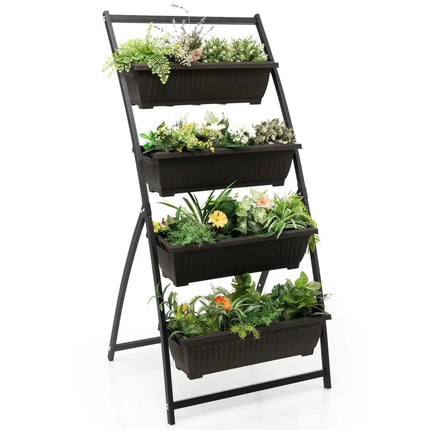4-Tier Vertical Raised Garden Bed with 4 Containers and Drainage Holes-M - Black - Raised Garden Beds
