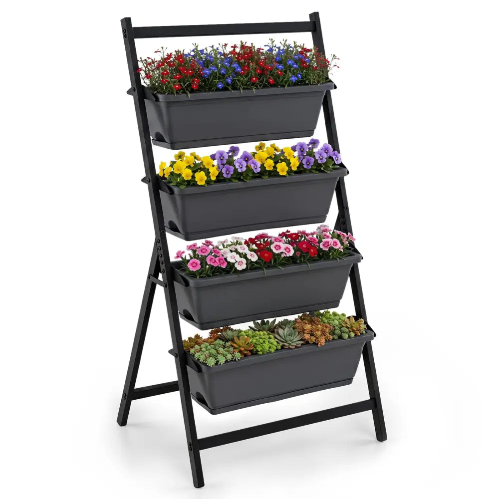 4-Tier Vertical Raised Garden Bed with 4 Containers and Drainage Holes-Black - Black - Raised Garden Beds