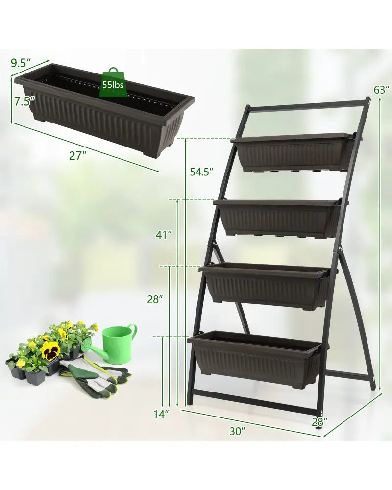 4-Tier Vertical Raised Garden Bed with 4 Containers and Drainage Holes-M - Black - Raised Garden Beds