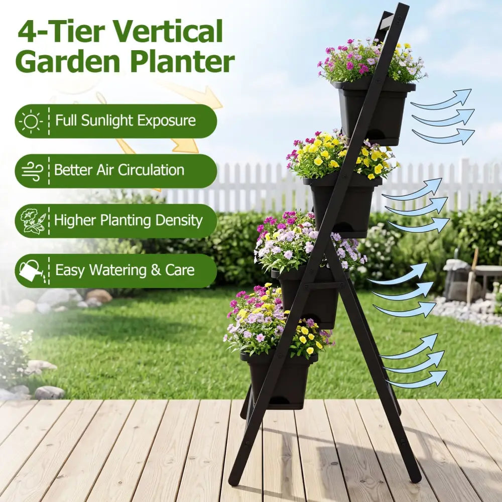 4-Tier Vertical Raised Garden Bed with 4 Containers and Drainage Holes-Black - Black - Raised Garden Beds