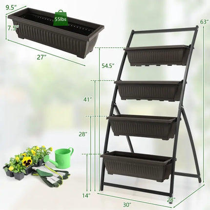 4-Tier Vertical Raised Garden Bed with 4 Containers and Drainage Holes-M - Black - Raised Garden Beds