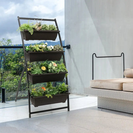 4-Tier Vertical Raised Garden Bed with 4 Containers and Drainage Holes-M - Black - Raised Garden Beds