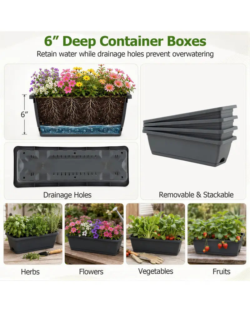 4-Tier Vertical Raised Garden Bed with 4 Containers and Drainage Holes-Black - Black - Raised Garden Beds