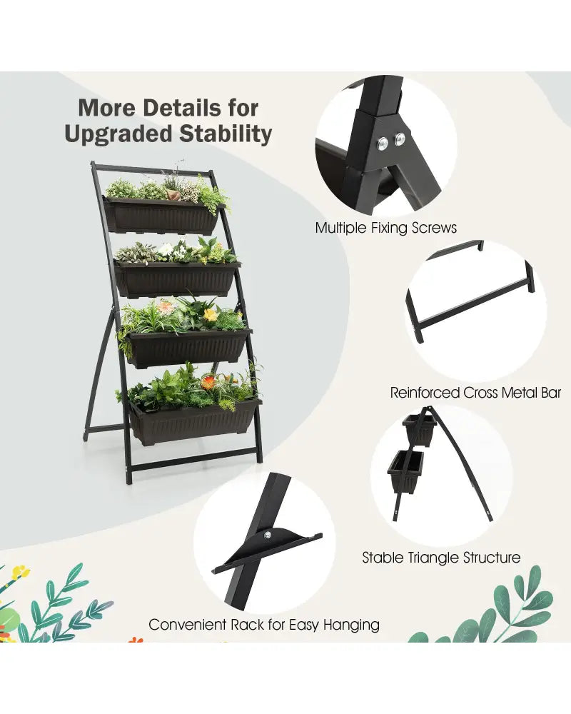 4-Tier Vertical Raised Garden Bed with 4 Containers and Drainage Holes-M - Black - Raised Garden Beds