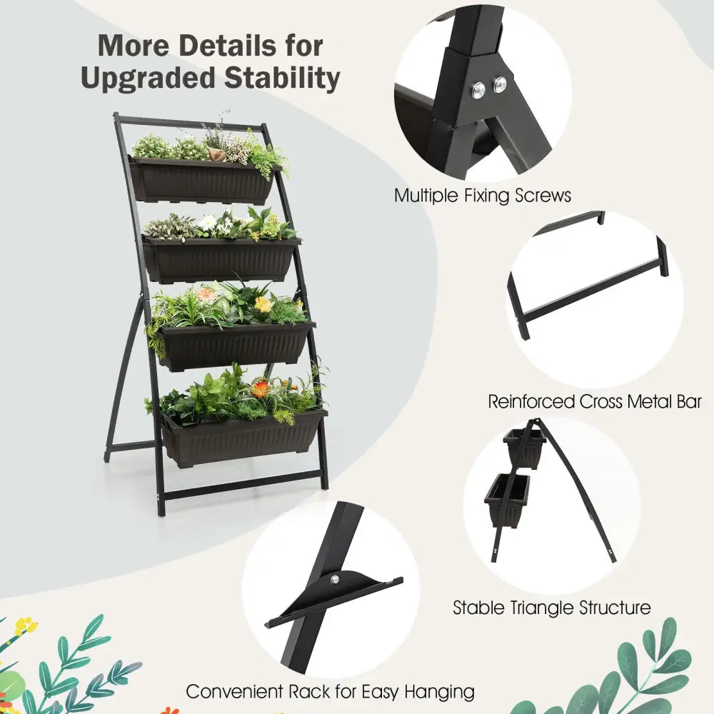 4-Tier Vertical Raised Garden Bed with 4 Containers and Drainage Holes-M - Black - Raised Garden Beds