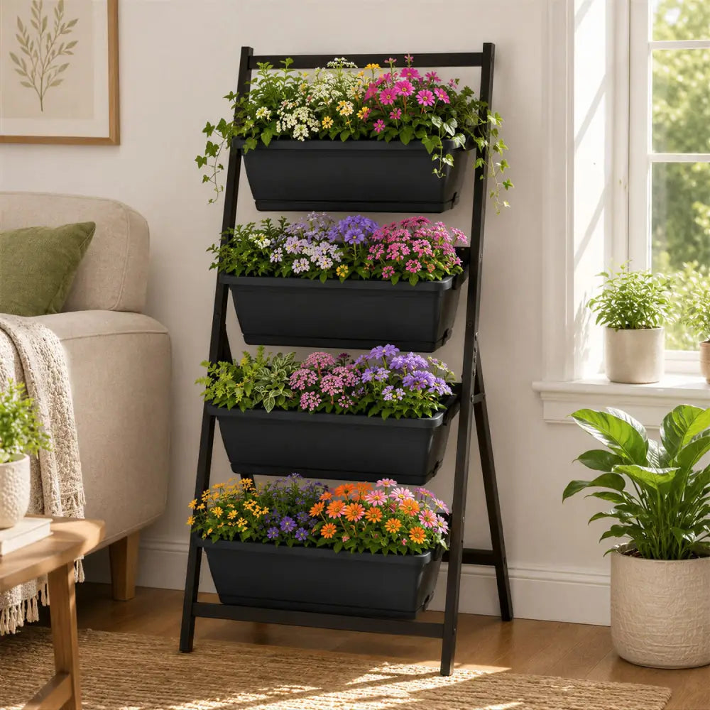 4-Tier Vertical Raised Garden Bed with 4 Containers and Drainage Holes-Black - Black - Raised Garden Beds
