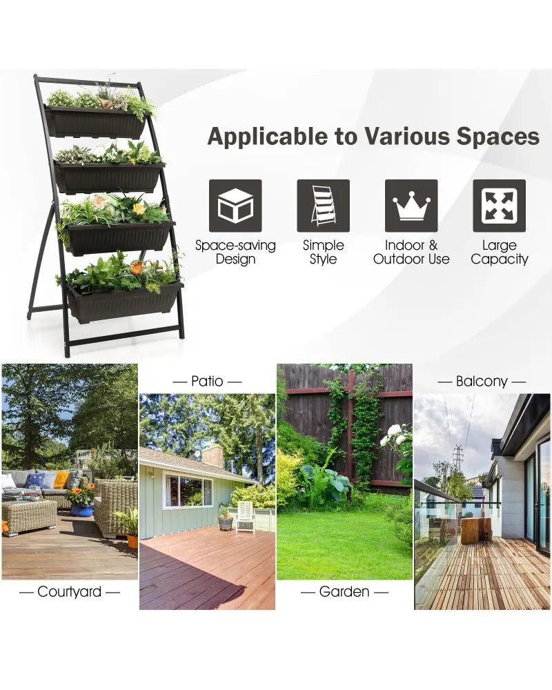 4-Tier Vertical Raised Garden Bed with 4 Containers and Drainage Holes-M - Black - Raised Garden Beds