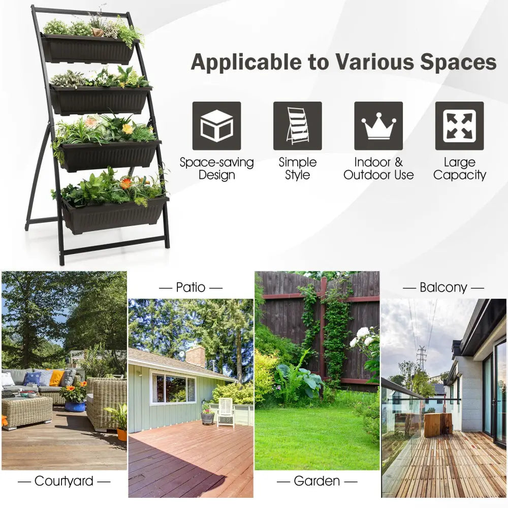 4-Tier Vertical Raised Garden Bed with 4 Containers and Drainage Holes-M - Black - Raised Garden Beds