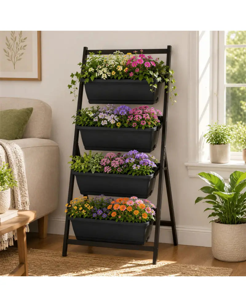 4-Tier Vertical Raised Garden Bed with 4 Containers and Drainage Holes-Black - Black - Raised Garden Beds