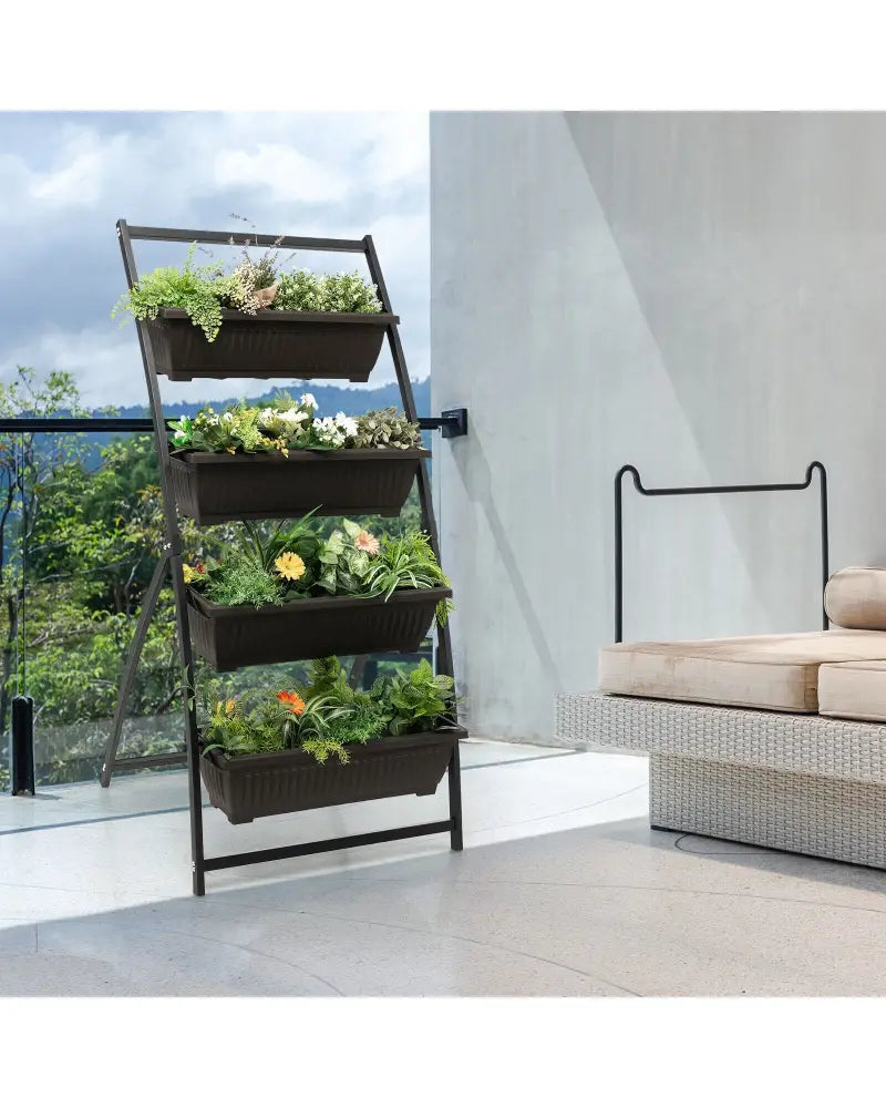 4-Tier Vertical Raised Garden Bed with 4 Containers and Drainage Holes-M - Black - Raised Garden Beds