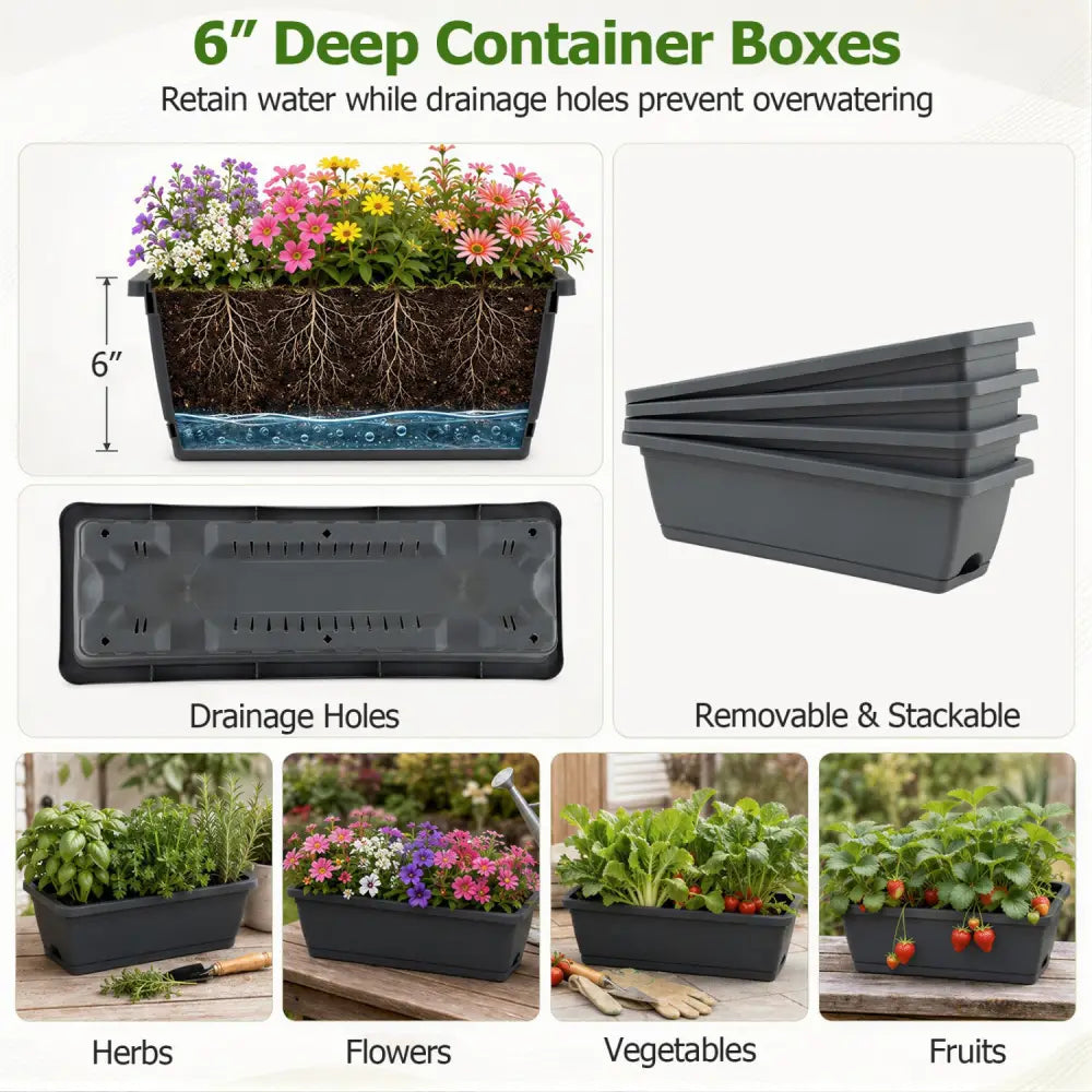 4-Tier Vertical Raised Garden Bed with 4 Containers and Drainage Holes-Black - Black - Raised Garden Beds