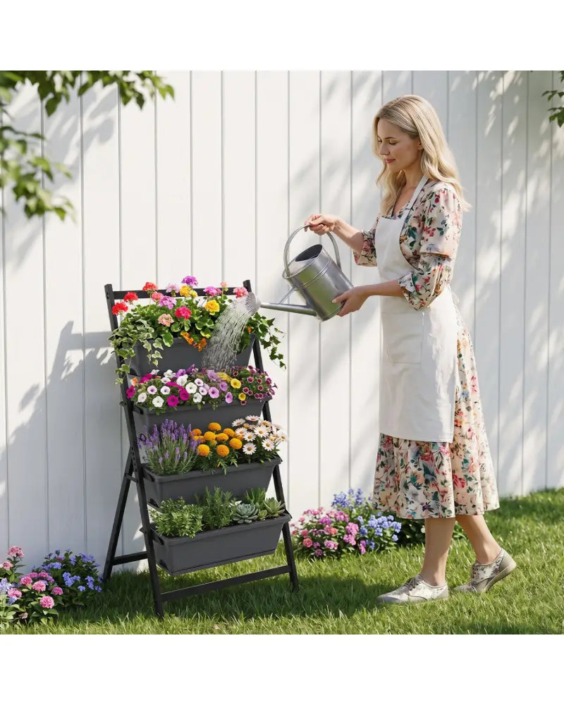 4-Tier Vertical Raised Garden Bed with 4 Containers and Drainage Holes-Black - Black - Raised Garden Beds