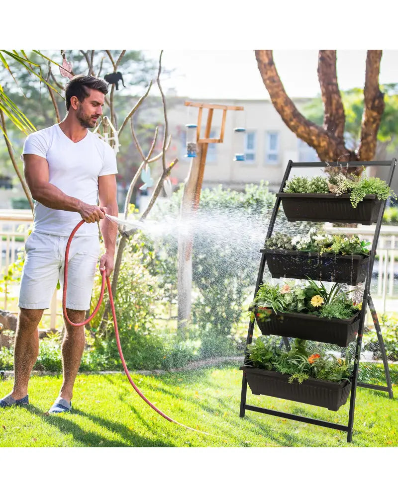 4-Tier Vertical Raised Garden Bed with 4 Containers and Drainage Holes-M - Black - Raised Garden Beds