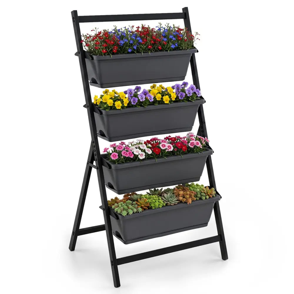 4-Tier Vertical Raised Garden Bed with 4 Containers and Drainage Holes-Black - Black - Raised Garden Beds