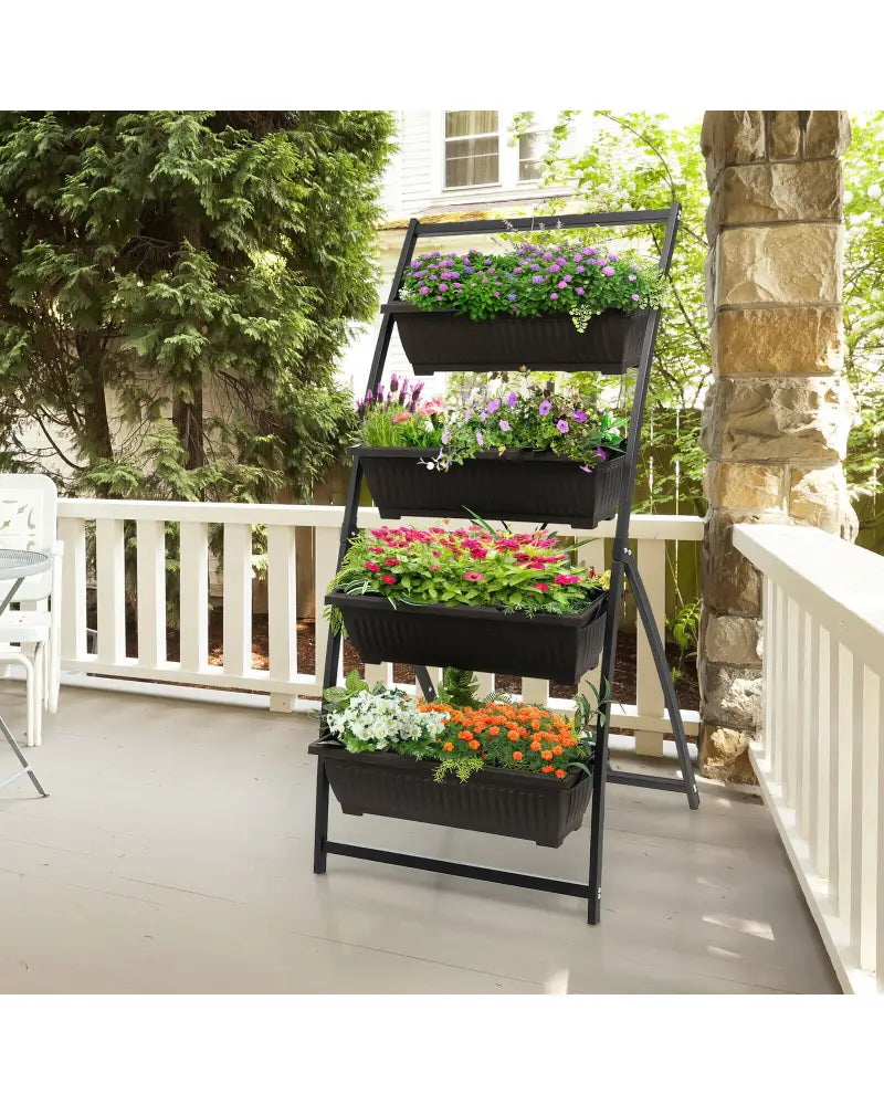 4-Tier Vertical Raised Garden Bed with 4 Containers and Drainage Holes-M - Black - Raised Garden Beds
