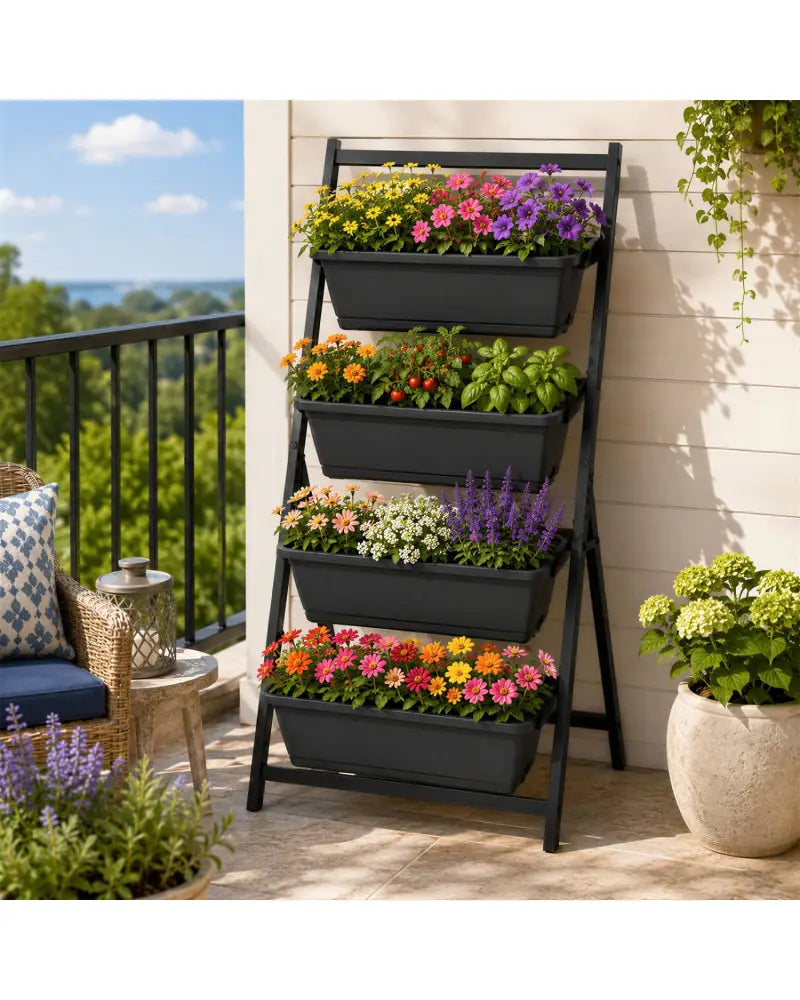 4-Tier Vertical Raised Garden Bed with 4 Containers and Drainage Holes-Black - Black - Raised Garden Beds