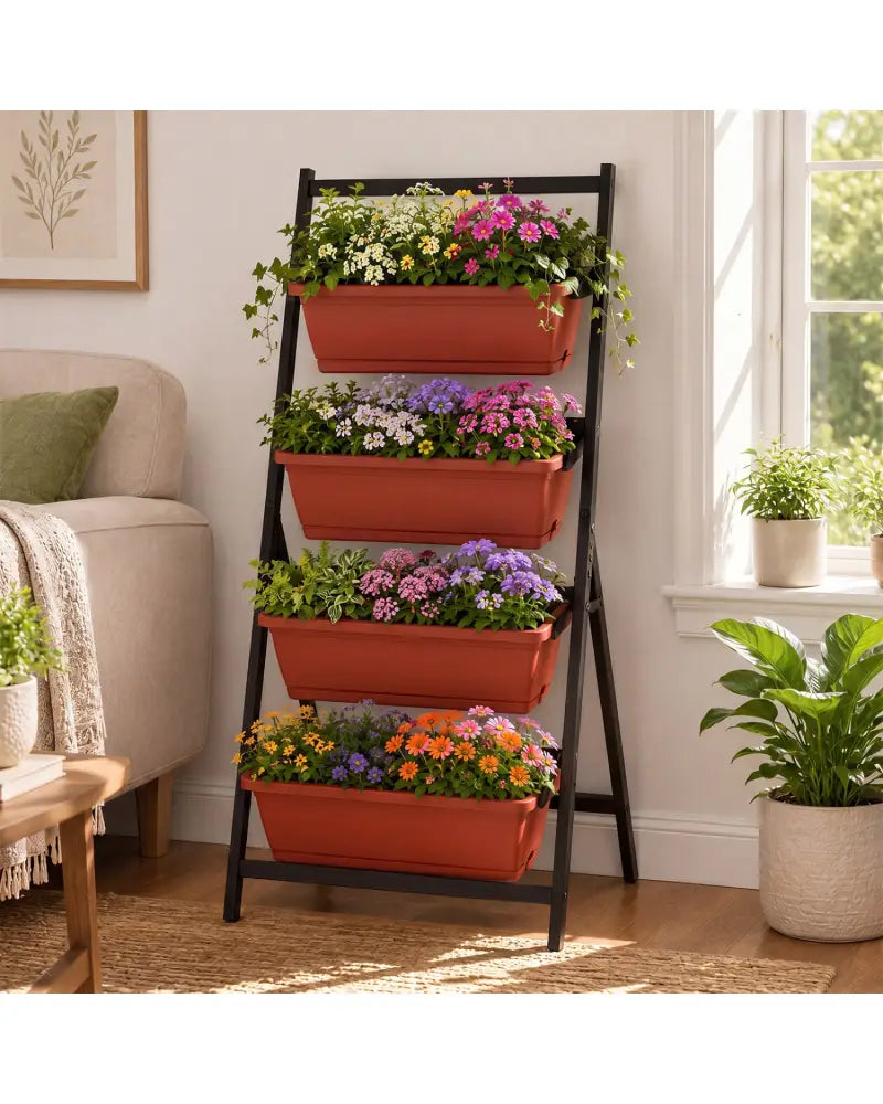 4-Tier Vertical Raised Garden Bed with Drainage Holes and 4 Containers-Red - Red - Raised Garden Beds