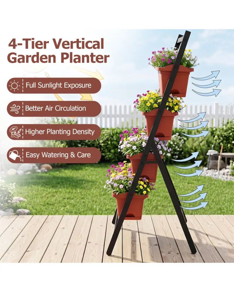 4-Tier Vertical Raised Garden Bed with Drainage Holes and 4 Containers-Red - Red - Raised Garden Beds