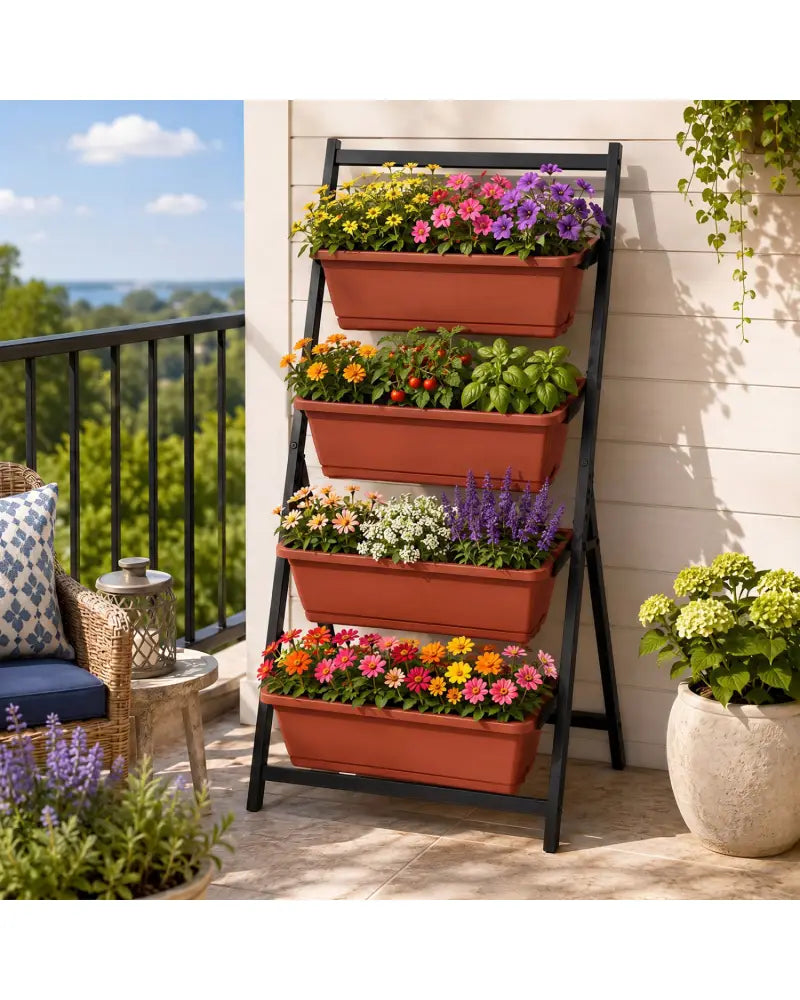 4-Tier Vertical Raised Garden Bed with Drainage Holes and 4 Containers-Red - Red - Raised Garden Beds