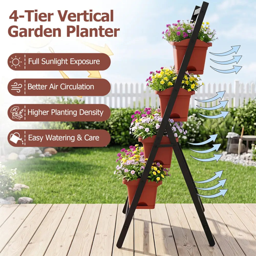 4-Tier Vertical Raised Garden Bed with Drainage Holes and 4 Containers-Red - Red - Raised Garden Beds