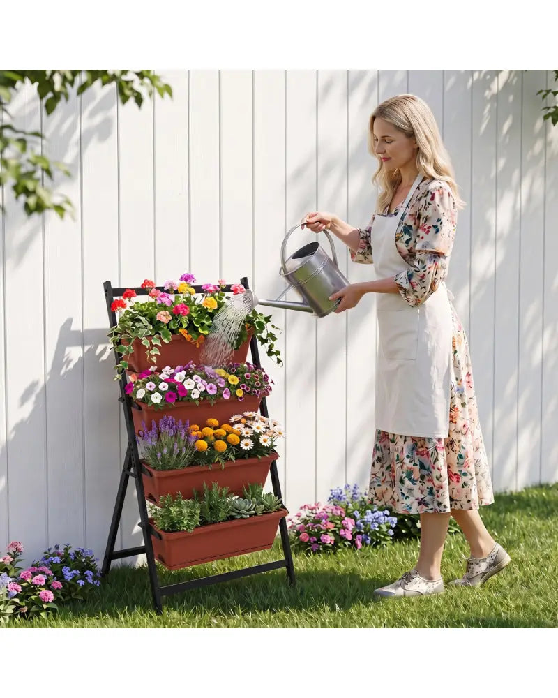 4-Tier Vertical Raised Garden Bed with Drainage Holes and 4 Containers-Red - Red - Raised Garden Beds