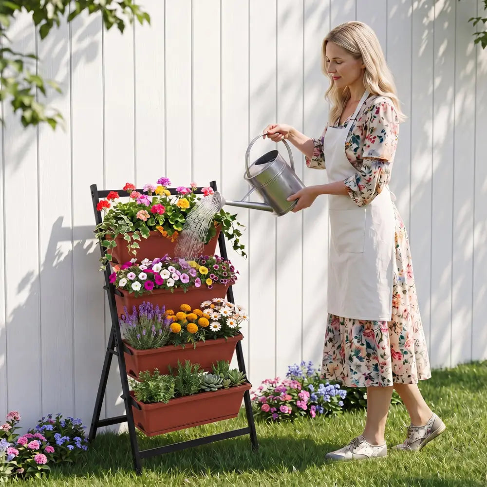 4-Tier Vertical Raised Garden Bed with Drainage Holes and 4 Containers-Red - Red - Raised Garden Beds