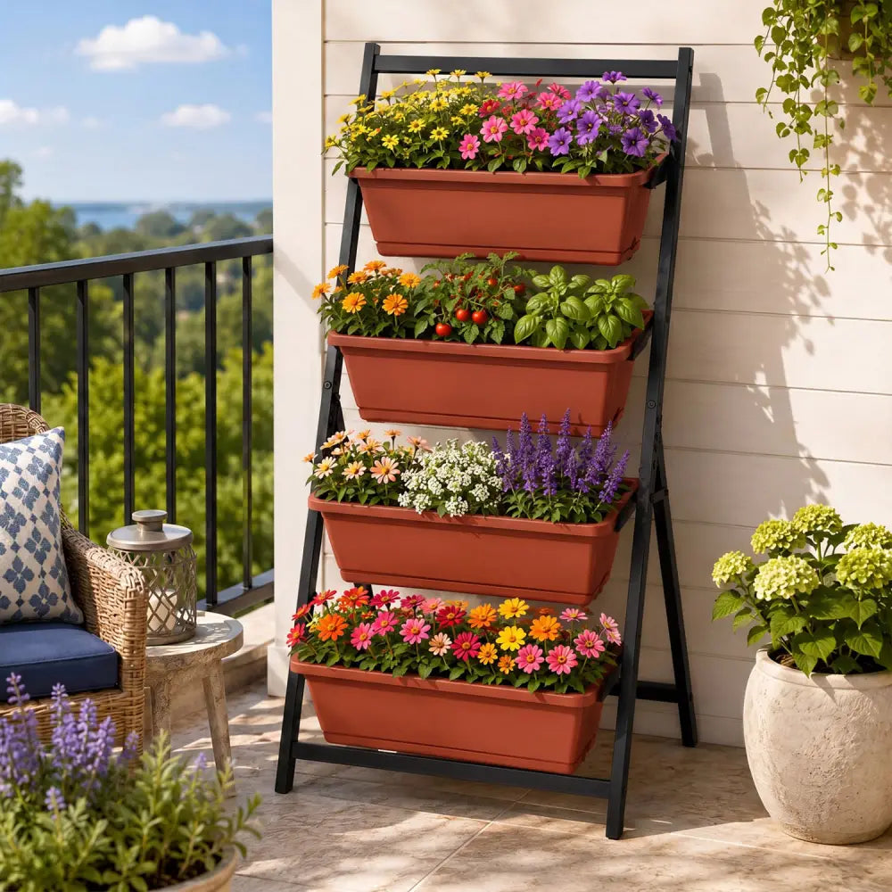 4-Tier Vertical Raised Garden Bed with Drainage Holes and 4 Containers-Red - Red - Raised Garden Beds