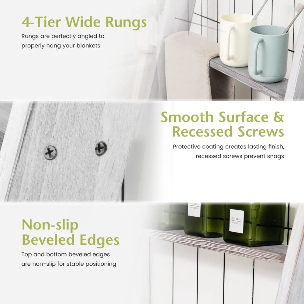 4-Tier Wall Leaning Ladder Shelf Stand-Gray - Gray - Towel Racks
