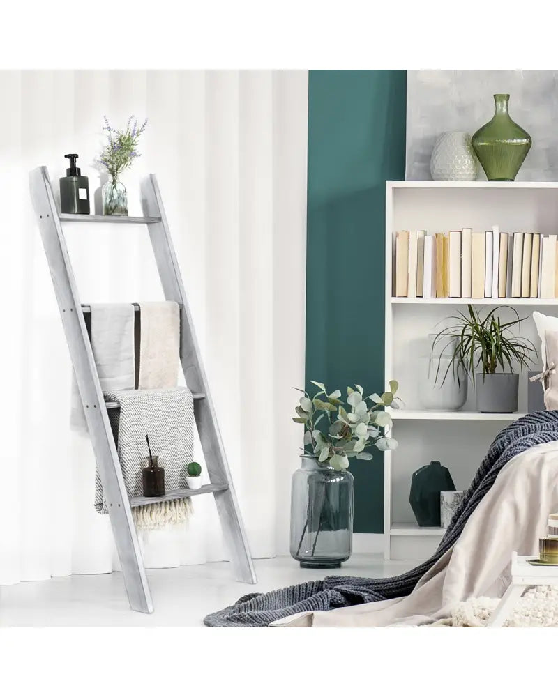 4-Tier Wall Leaning Ladder Shelf Stand-Gray - Gray - Towel Racks