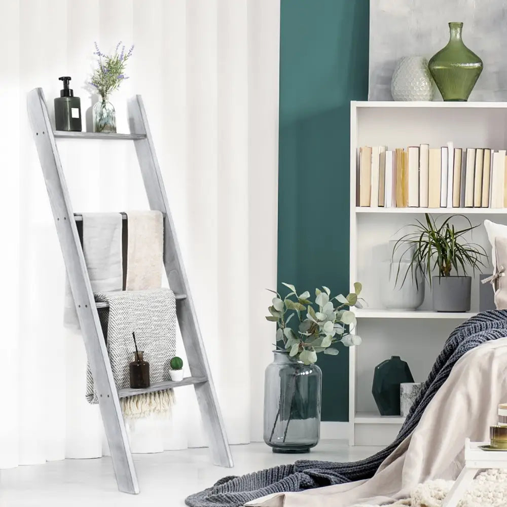 4-Tier Wall Leaning Ladder Shelf Stand-Gray - Gray - Towel Racks