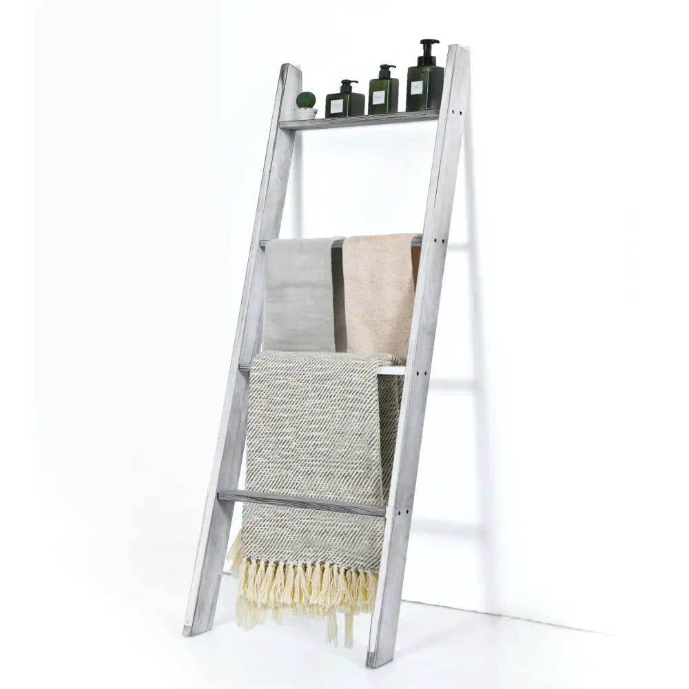 4-Tier Wall Leaning Ladder Shelf Stand-Gray - Gray - Towel Racks