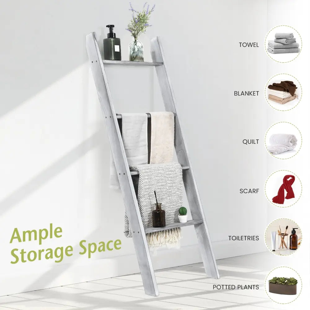 4-Tier Wall Leaning Ladder Shelf Stand-Gray - Gray - Towel Racks