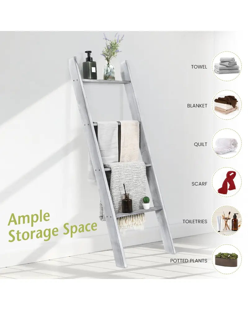 4-Tier Wall Leaning Ladder Shelf Stand-Gray - Gray - Towel Racks