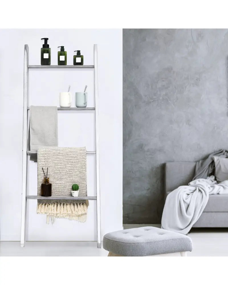 4-Tier Wall Leaning Ladder Shelf Stand-Gray - Gray - Towel Racks