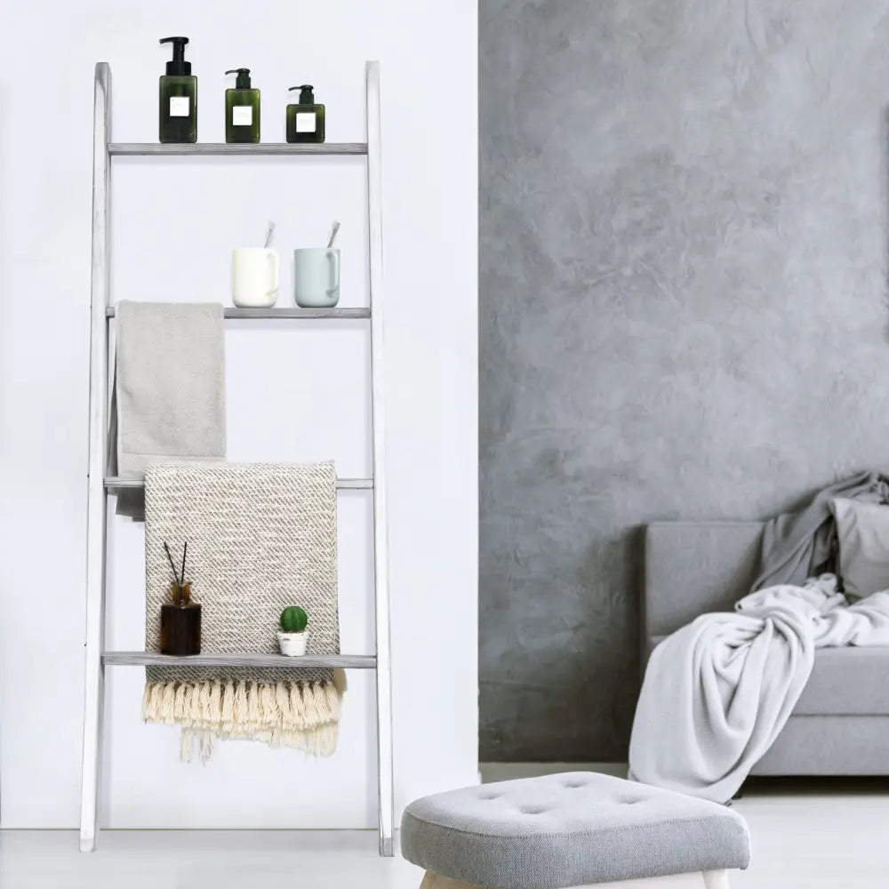 4-Tier Wall Leaning Ladder Shelf Stand-Gray - Gray - Towel Racks
