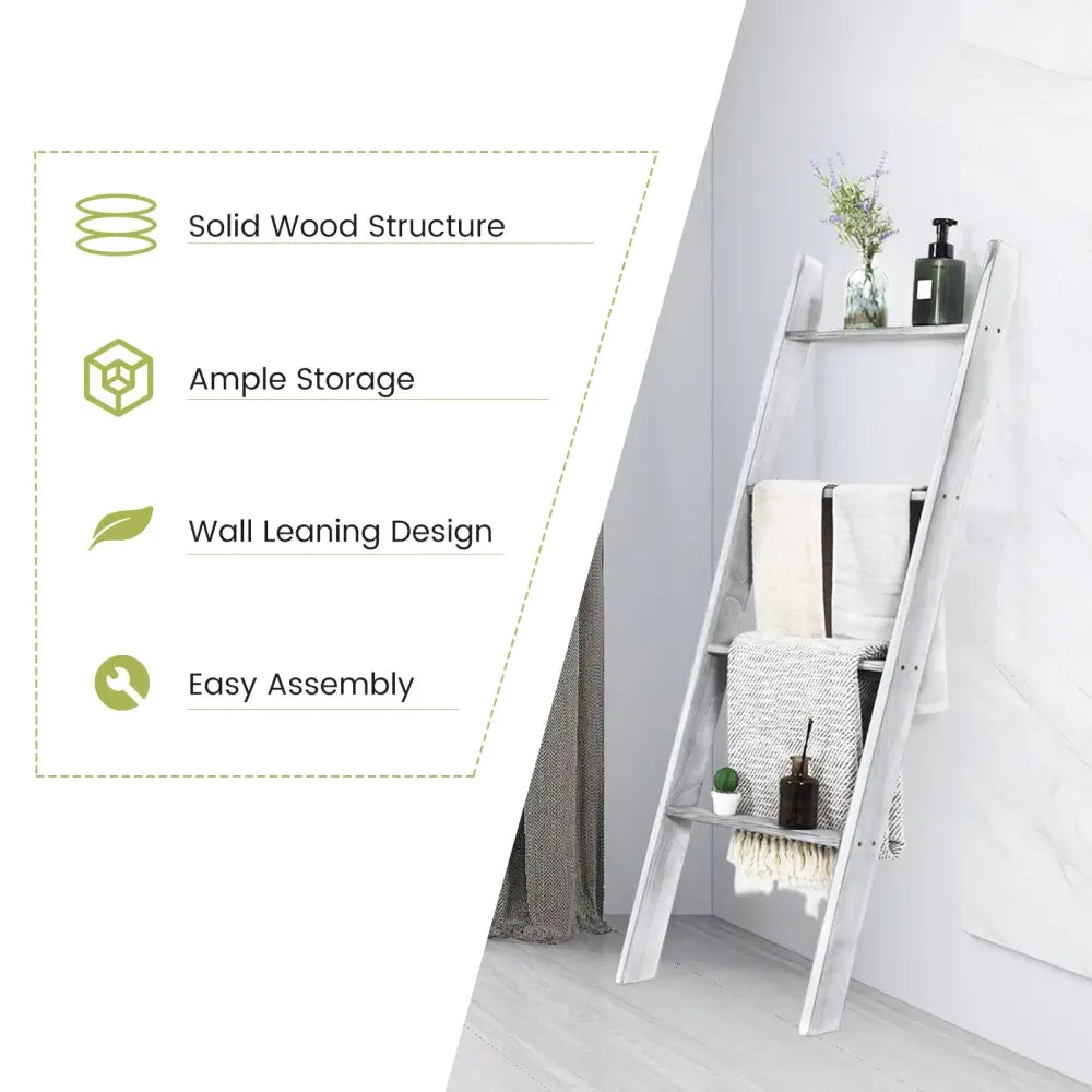 4-Tier Wall Leaning Ladder Shelf Stand-Gray - Gray - Towel Racks