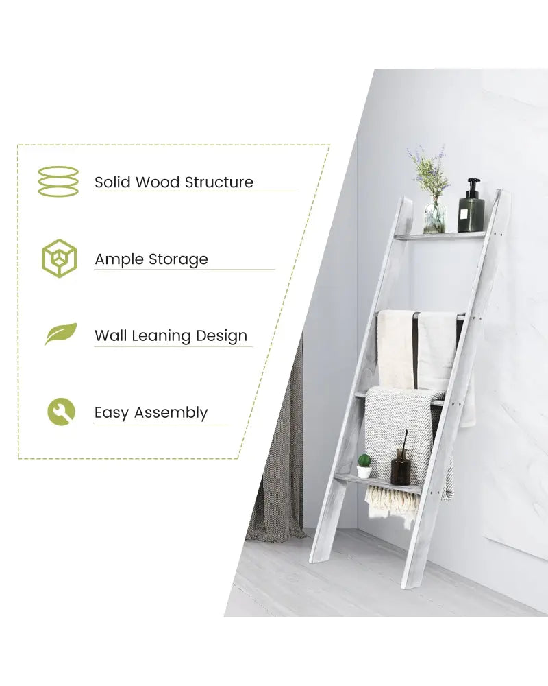 4-Tier Wall Leaning Ladder Shelf Stand-Gray - Gray - Towel Racks